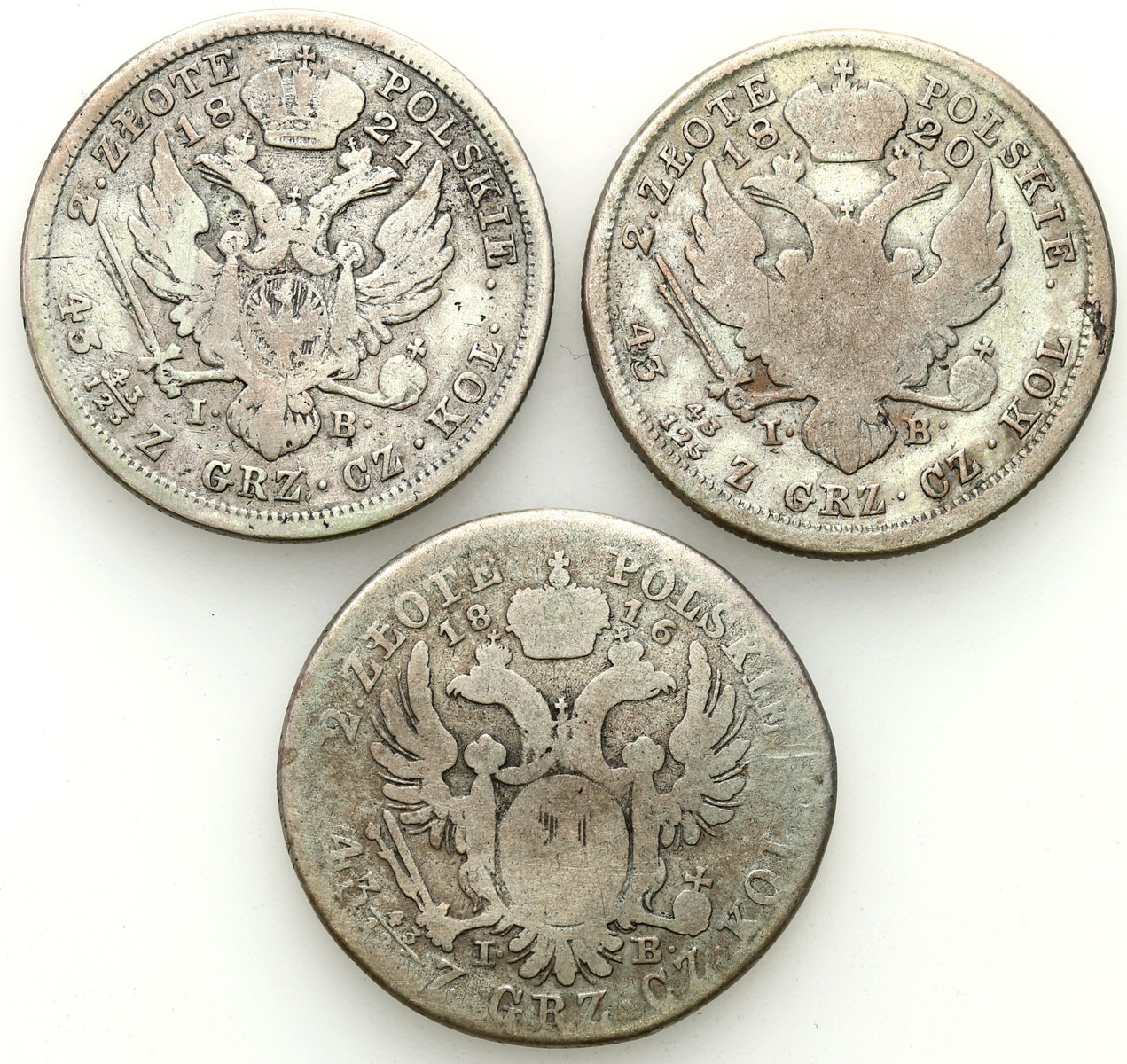 Królestwo Polskie. Aleksander I. 2 złote 1816, 1820, 1821, Warszawa, zestaw 3 monet